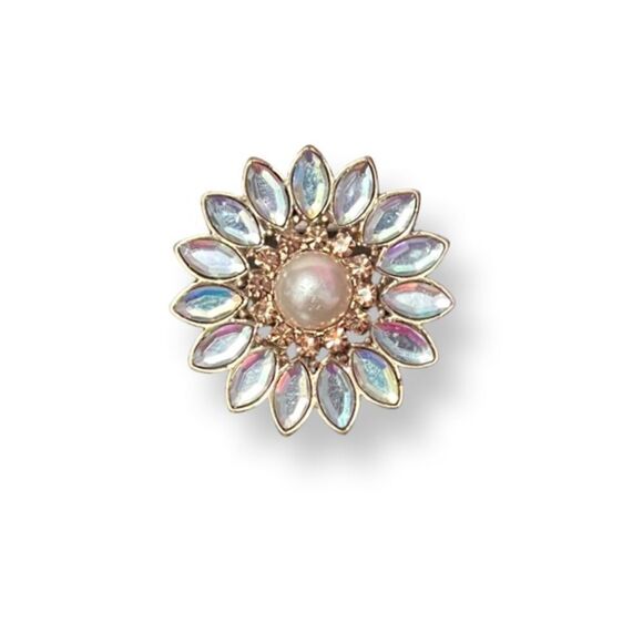 NEW Super Shiny AB Rhinestone And Pearl Flower Adjustable Cocktail Ring - Picture 1 of 2
